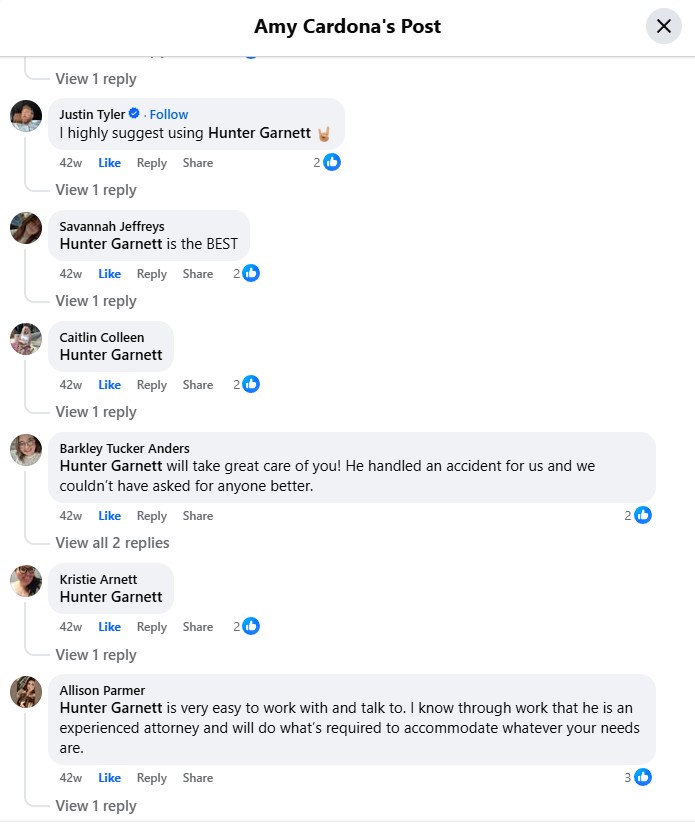 Facebook comments recommending Garnett Patterson Injury Lawyers