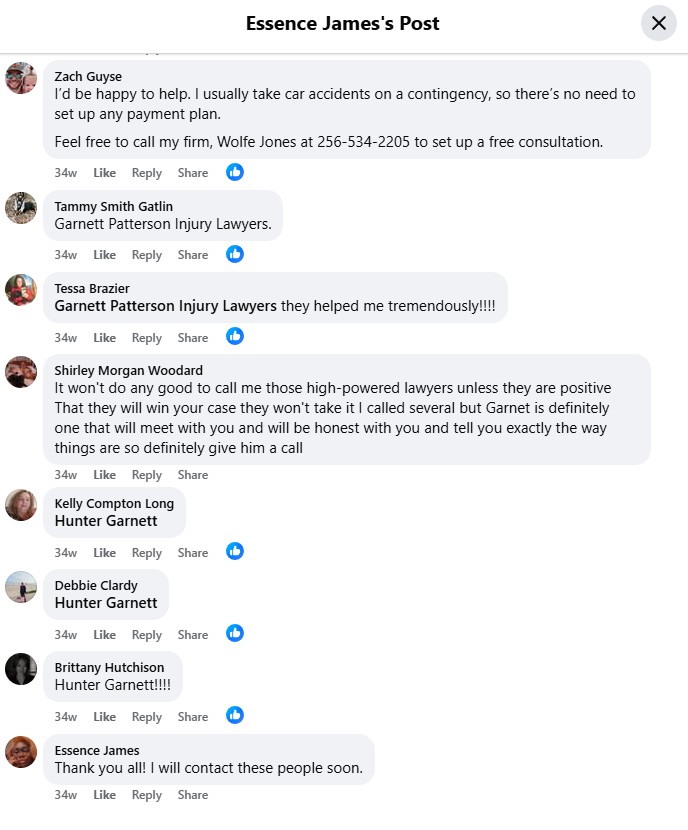 Facebook comments recommending Garnett Patterson