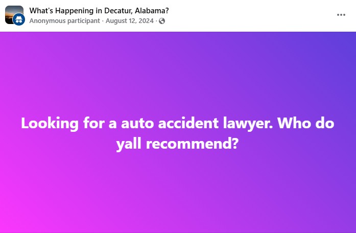 Decatur Facebook group recommending an accident lawyer